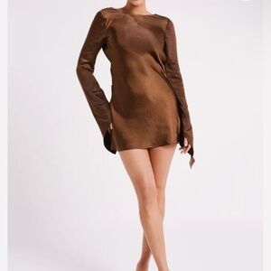 Davina Satin Long Sleeve Mini Dress - Dark Brown